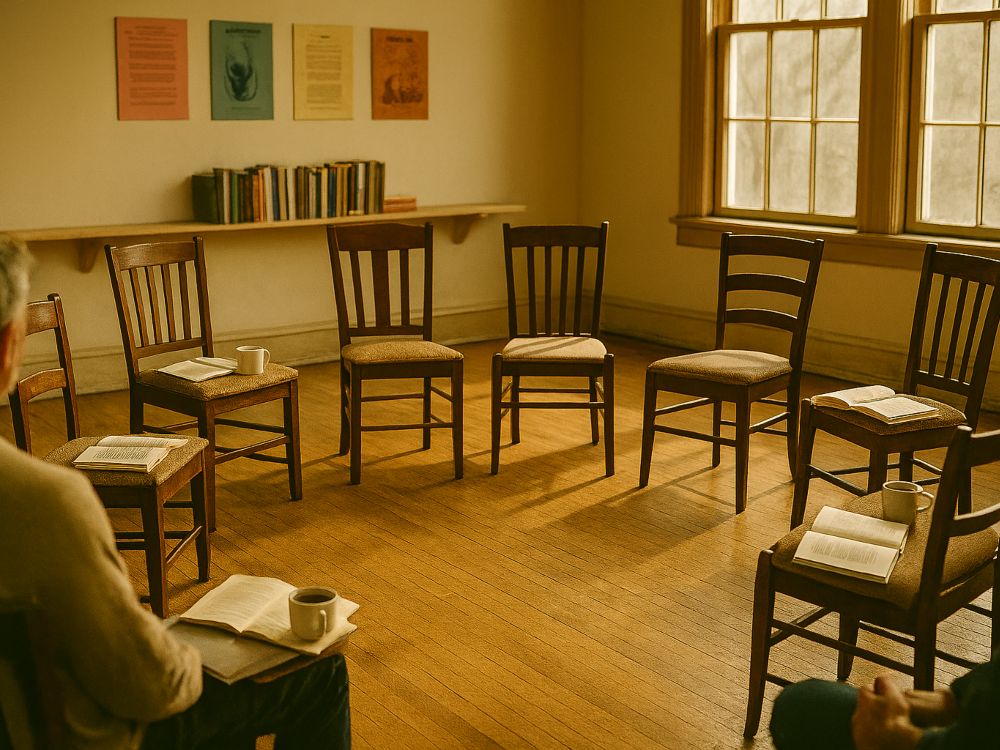 Conversatorio. Sala iluminada por luz natural con nueve sillas de madera dispuestas en círculo; algunas ocupadas, otras con libros y tazas de café. Al fondo, estantería con libros y carteles culturales en la pared