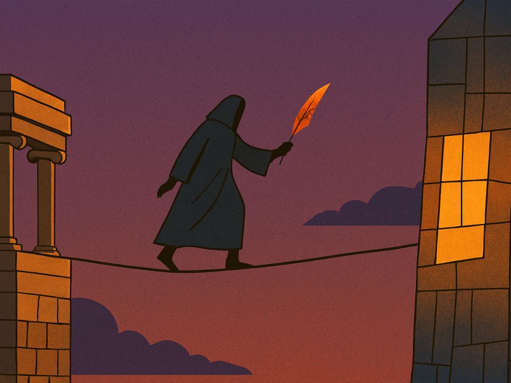 Amado Nervo. Figura encapuchada camina sobre una cuerda entre una torre clásica y una moderna, sosteniendo una pluma encendida al atardecer