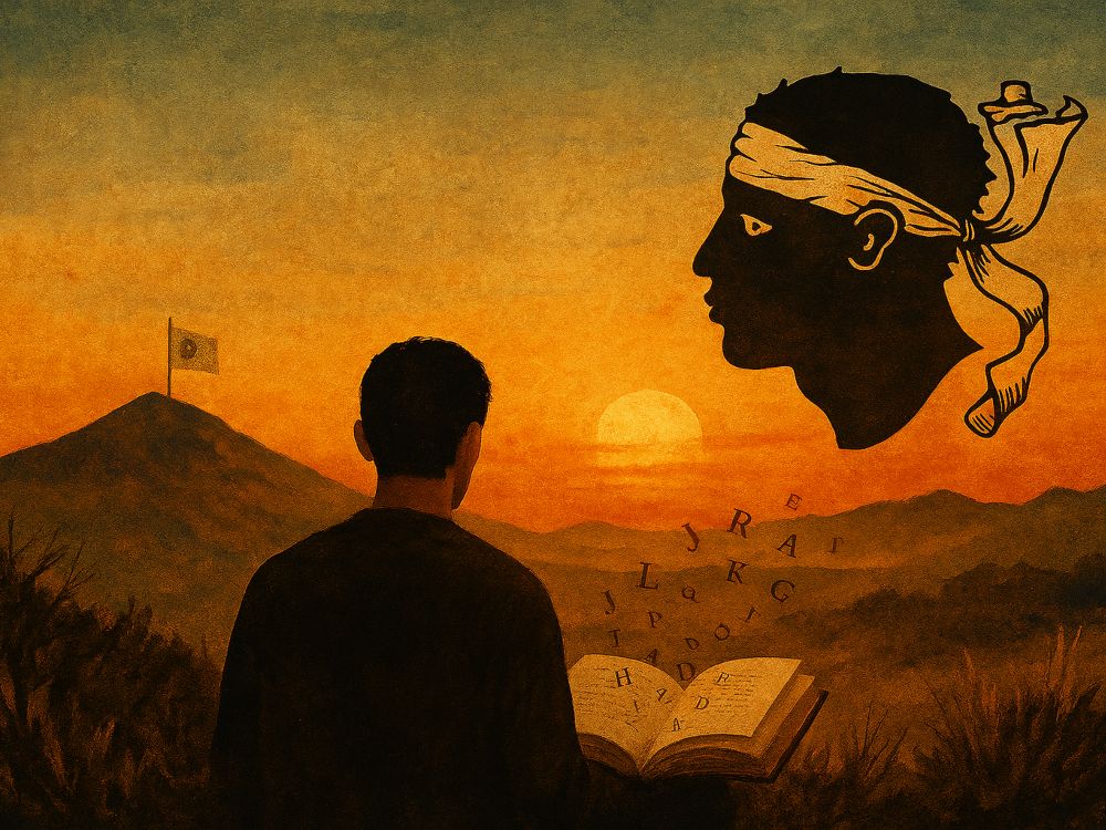 Corso Corso. Figura humana de espaldas sobre una colina corsa al atardecer, con un libro abierto del que emergen letras flotantes; al fondo, montañas, mar y una bandera corsa ondeando discretamente