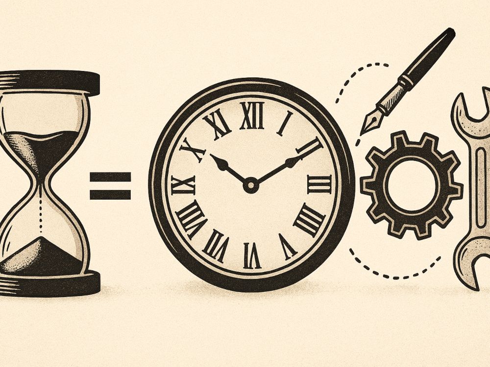 Cronías Cronías. Ilustración conceptual del tiempo como mecanismo fragmentado: reloj, engranaje, pliegues y herramientas sobre fondo neutro