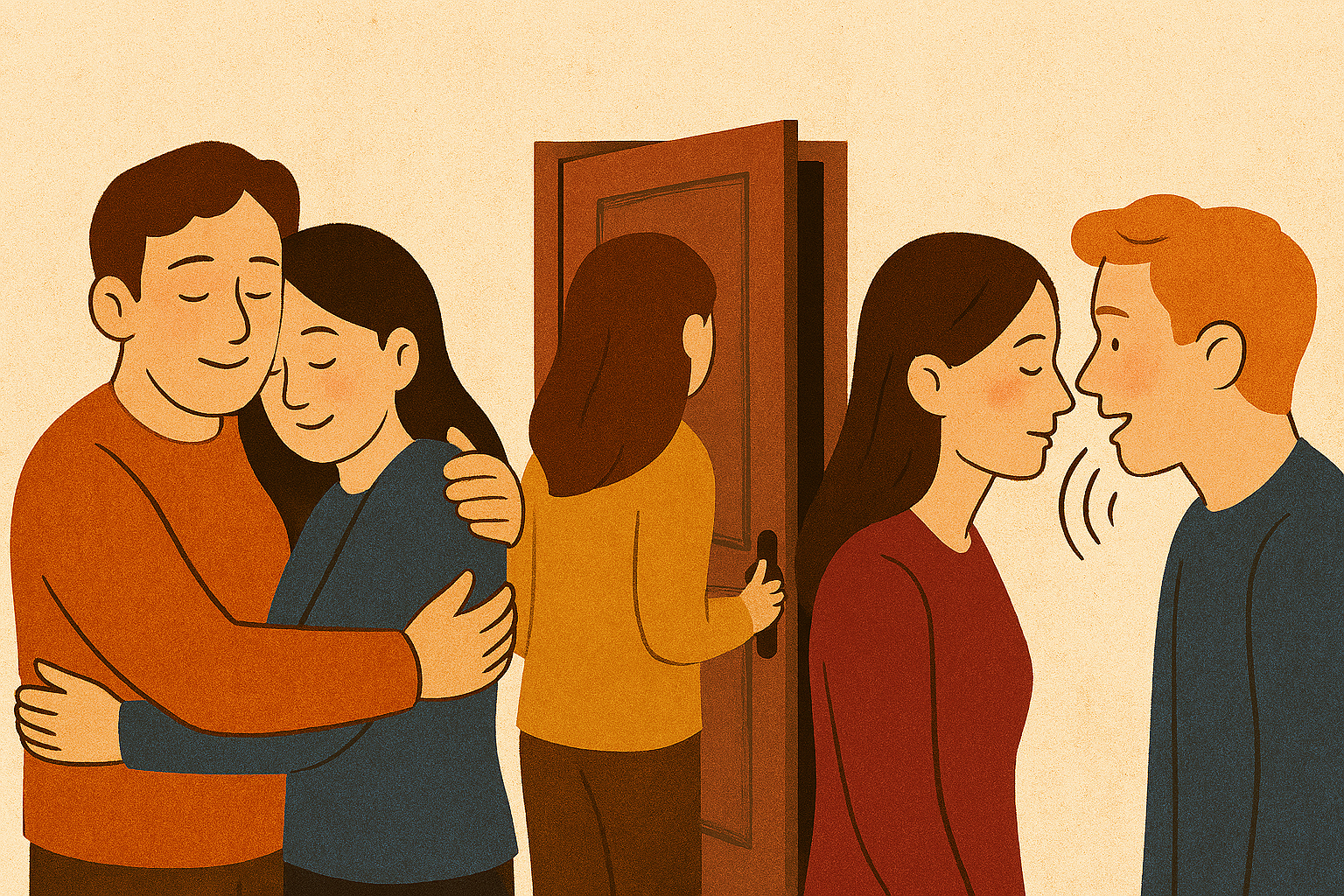 El cuerpo de la conversación. Tres escenas: una pareja se abraza, una figura entra en una casa, y dos personas conversan de cerca
