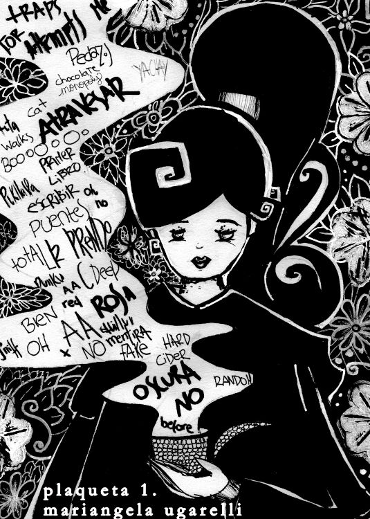 'De cómo me convertí en araña'. Ilustración en blanco y negro de una figura femenina estilizada con expresión serena, rodeada de frases manuscritas en español e inglés que evocan temas de tiempo, creación y aislamiento