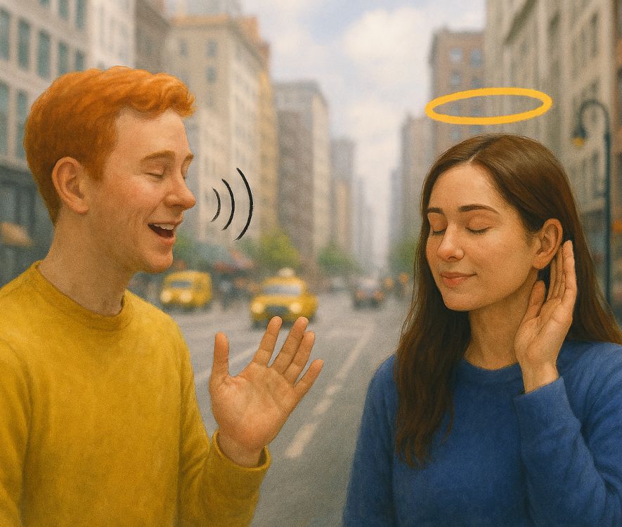 El arte de escuchar. Dos personas conversan en una calle urbana; el hablante gesticula mientras el oyente escucha con atención, con una aureola dorada sobre su cabeza