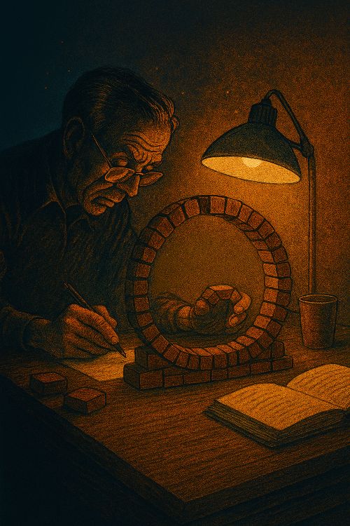 El constructor de palíndromos. Ilustración de un hombre mayor construyendo un arco de ladrillos sobre su escritorio, bajo la luz cálida de una lámpara, en un entorno nocturno y silencioso