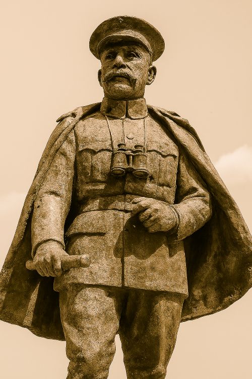 Estatua en bronce del general Leopoldo Saro Marín, con uniforme militar, capa al hombro, prismáticos al pecho y bengala de mando, mirando al horizonte.
