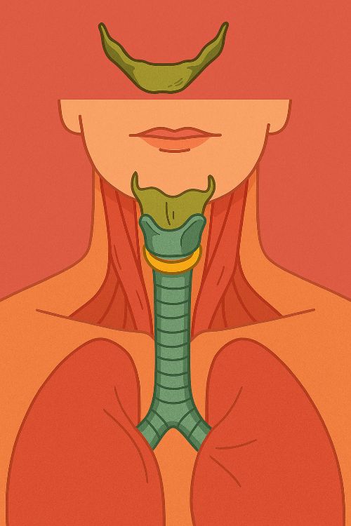 Hioides. Ilustración anatómica del cuello humano mostrando el hueso hioides suspendido entre músculos y estructuras respiratorias, sin contacto óseo directo