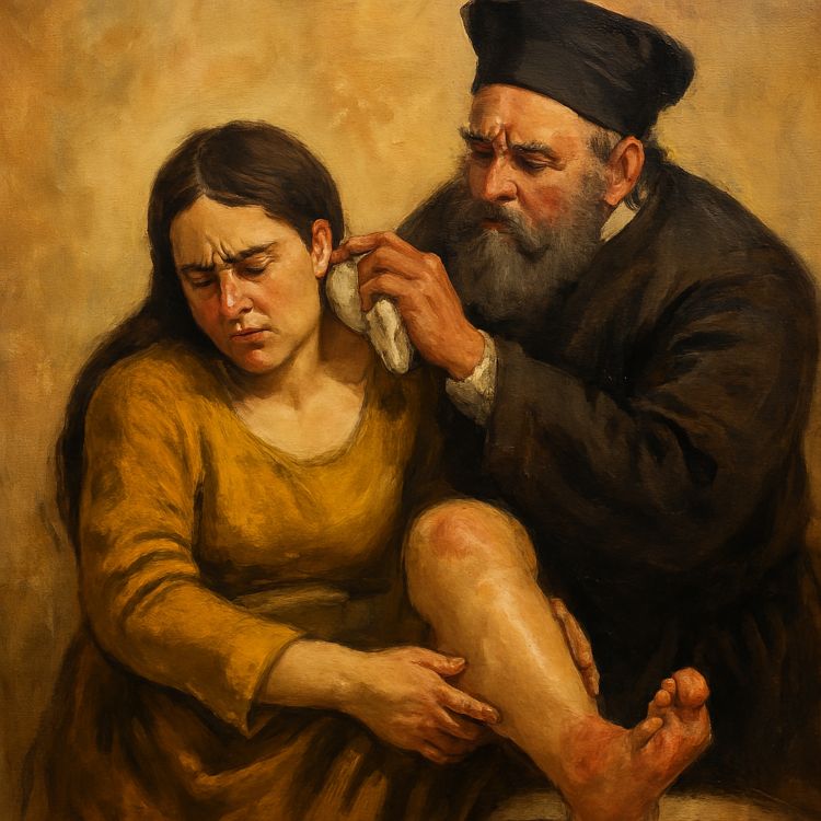 El refrán del colodrillo Colodrillo. Mujer sentada con gesto de dolor, sosteniéndose el tobillo vendado mientras un curandero aplica un tratamiento en la nuca, en una escena de estilo tradicional que evoca el refrán 'A Marina duélele el tobillo y sánanle el colodrillo'