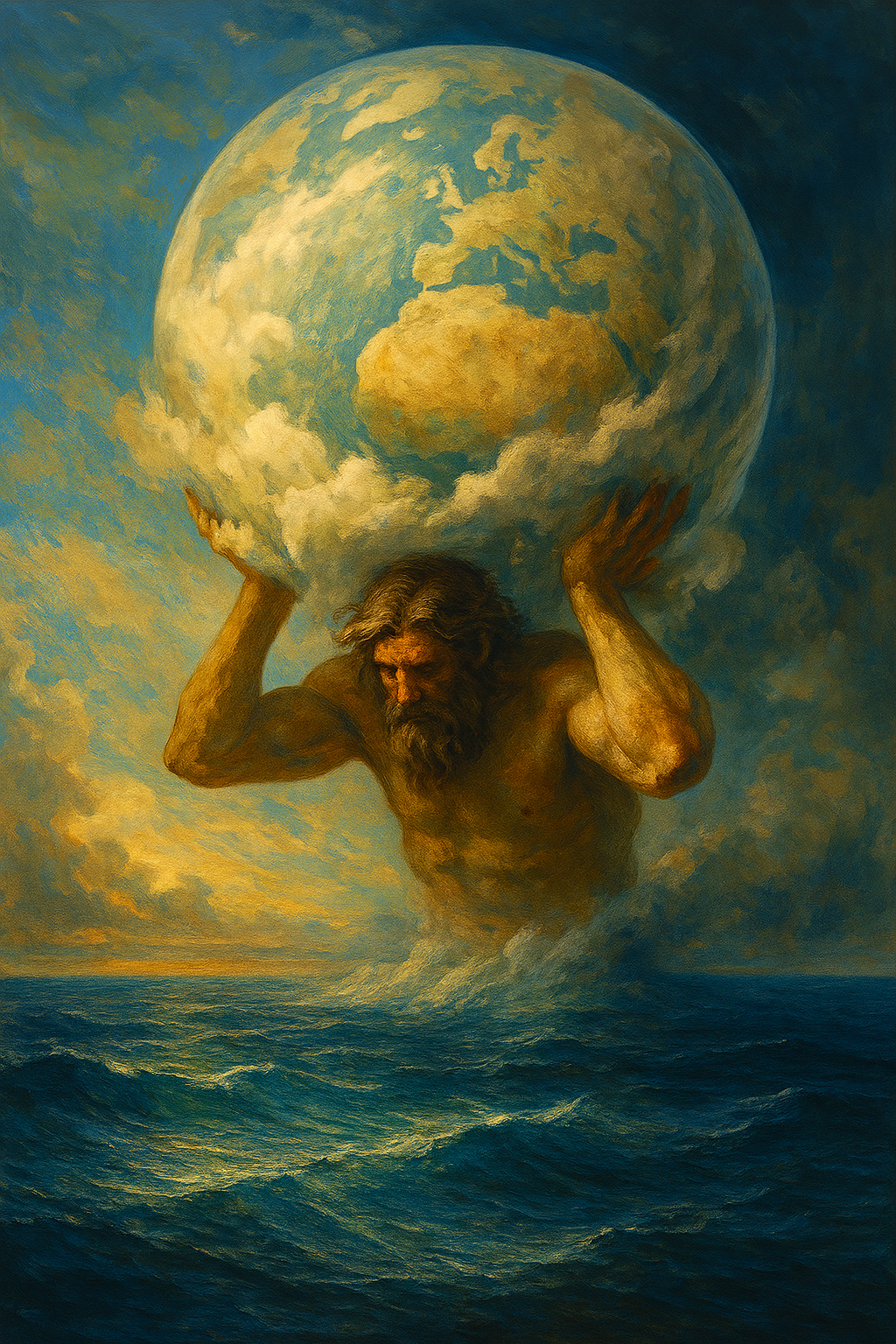 Imagen de Atlas emergiendo del océano mientras sostiene la esfera celeste sobre sus hombros, en una representación mitológica del titán que carga el cielo