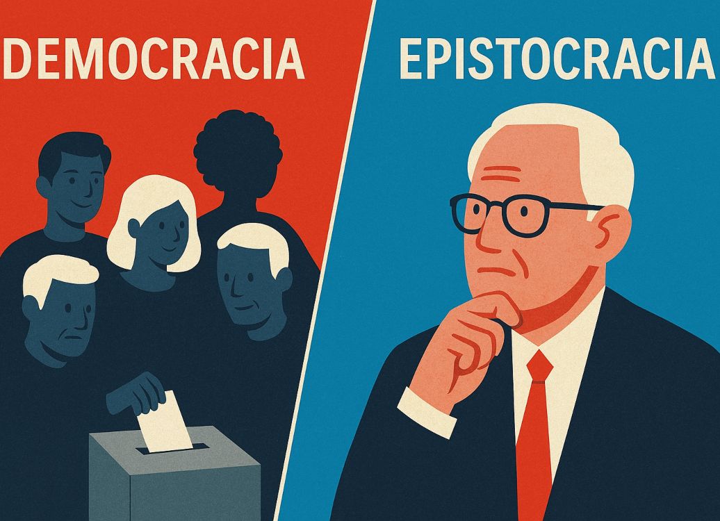 Ilustración conceptual que contrapone democracia y epistocracia: a la izquierda, ciudadanos diversos votan libremente; a la derecha, un pensador reflexivo representa el saber como criterio político