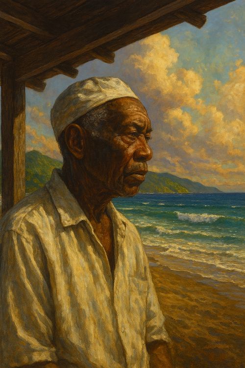 Retrato de un anciano garífuna bajo una estructura de madera frente al mar, mirando el horizonte al atardecer