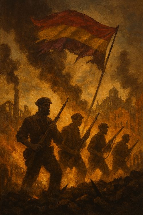 Golpe socialista. Siluetas armadas bajo una bandera republicana rasgada en un paisaje industrial asturiano envuelto en humo y ruinas