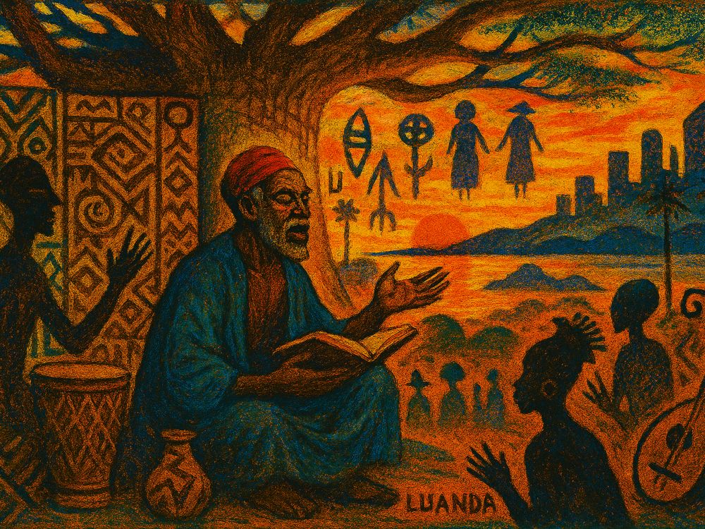 Kimbundu Kimbundu. Ilustración simbólica de un narrador tradicional angoleño bajo un baobab, rodeado de instrumentos rituales, patrones tejidos y siluetas ancestrales, con la ciudad de Luanda al fondo al atardecer