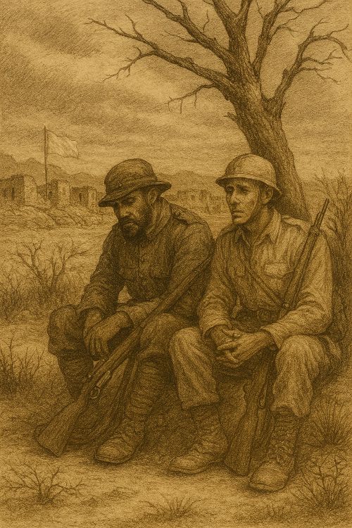 Guerra del Chaco. Dos soldados exhaustos —uno paraguayo y otro boliviano— sentados bajo un árbol seco en el árido paisaje del Chaco Boreal, con fortines semiderruidos y una bandera blanca al fondo. Estilo de grabado histórico.