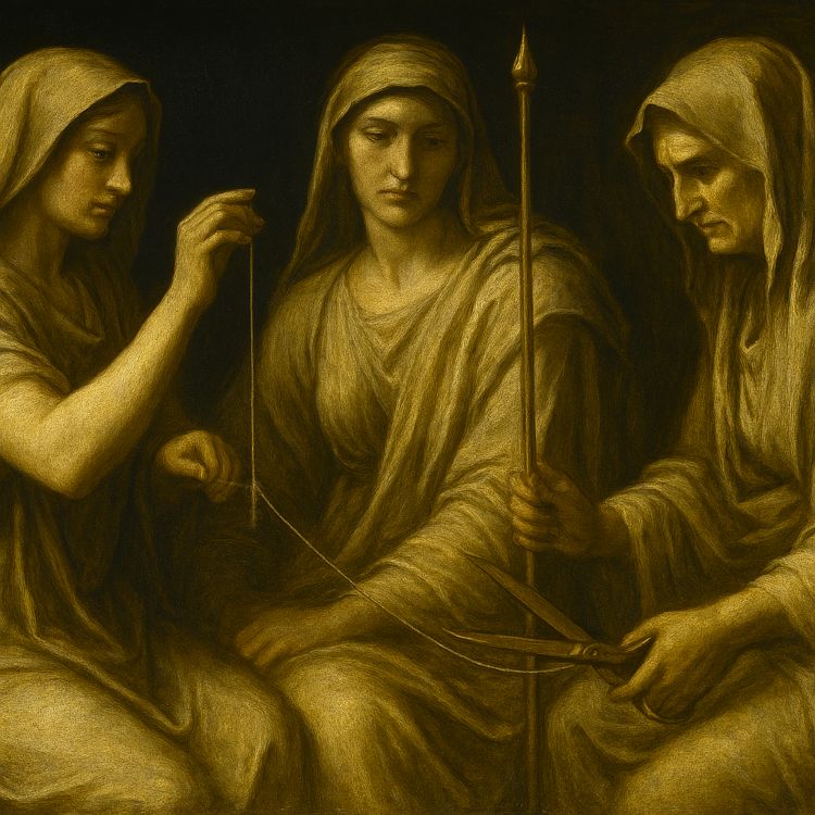 Las Moiras. Tres figuras femeninas mitológicas, vestidas con túnicas, hilando, midiendo y cortando el hilo de la vida en un entorno oscuro y solemne