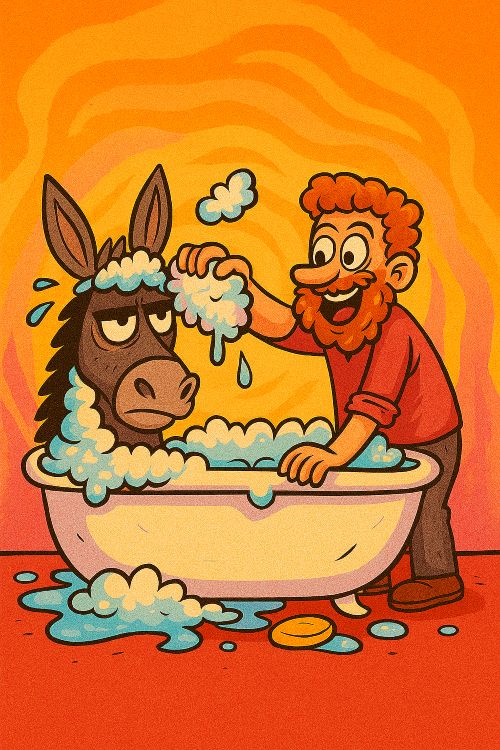 Lavar la cabeza Ilustración satírica de un hombre resbalando mientras intenta lavar la cabeza de un burro con gafas en un baño surrealista lleno de espuma