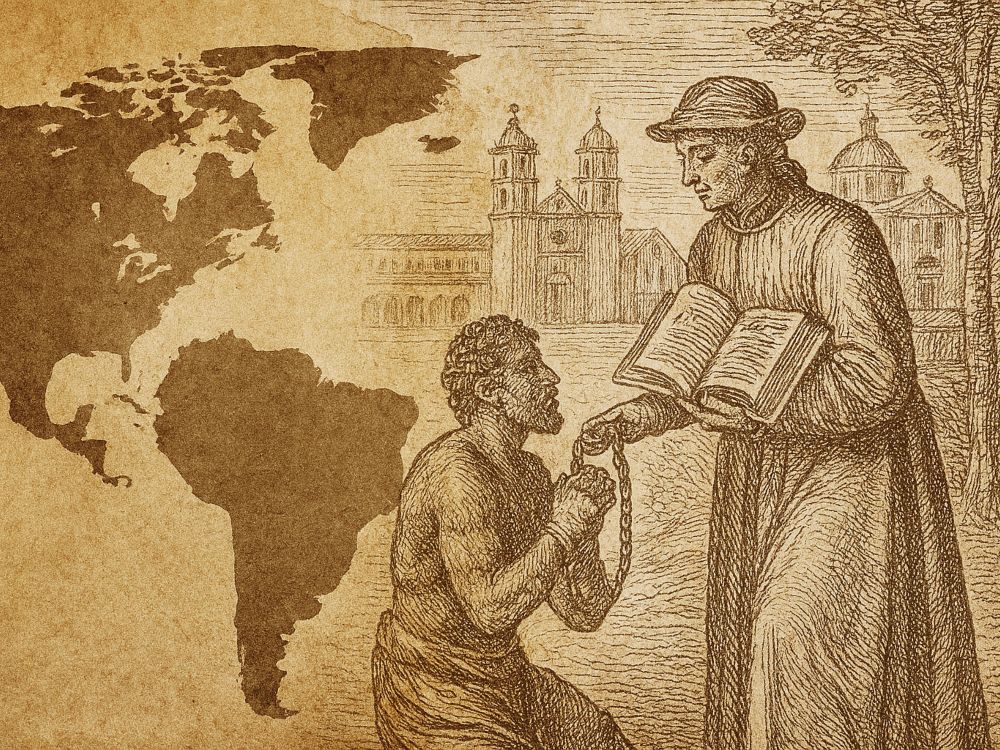 Leyenda negra. Imagen simbólica en tonos cálidos que representa el legado civilizador de la Hispanidad: un sabio europeo ofrece conocimiento a un indígena frente a edificios institucionales, con un mapa antiguo de América al fondo