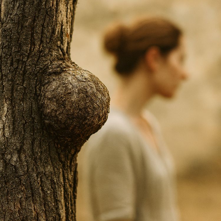 Lobanillo. Primer plano de un tronco envejecido con una protuberancia leñosa; al fondo, desenfocada, una figura humana ladeada