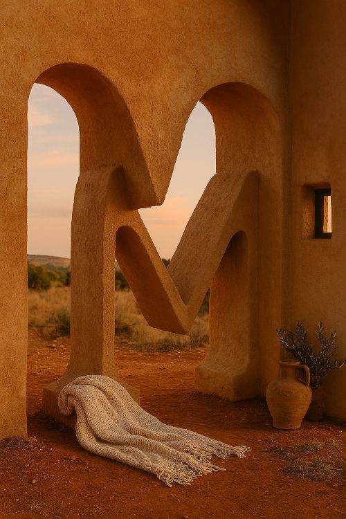 M de madre. Escultórica formada por dos arcos de adobe, en un entorno mediterráneo al atardecer. En su base, una manta tejida, una vasija antigua y ramas de olivo sobre tierra rojiza. La escena evoca acogida, origen y memoria.