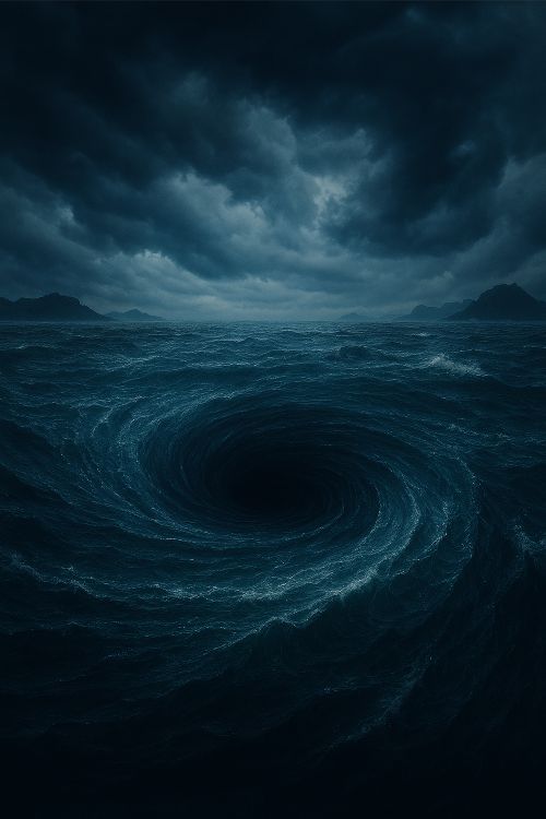 Maelstrom. Remolino marino bajo cielo tormentoso entre islas noruegas, con aguas oscuras que giran hacia un vórtice central