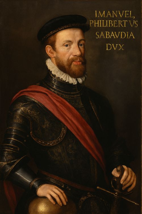 Retrato barroco de Manuel Filiberto de Saboya, con armadura ornamentada, gorguera blanca y mirada directa, sosteniendo un globo y una espada