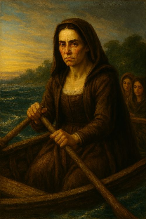 Retrato simbólico de Mencía Calderón remando junto a otras mujeres en una embarcación, en medio de un paisaje selvático y marítimo que sugiere travesía, liderazgo y resistencia civil