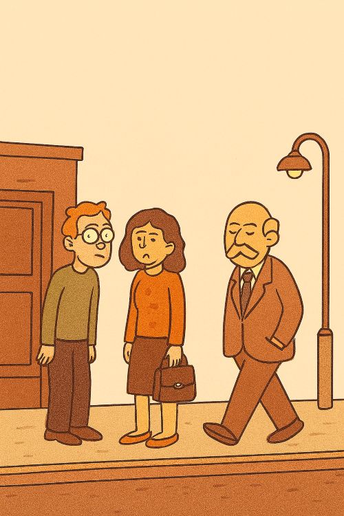 Mirar sin parecer psicópata Ilustración humorística de tres personajes en una acera urbana: un joven observa fijamente a una mujer incómoda, mientras un hombre mayor pasa sin mirar