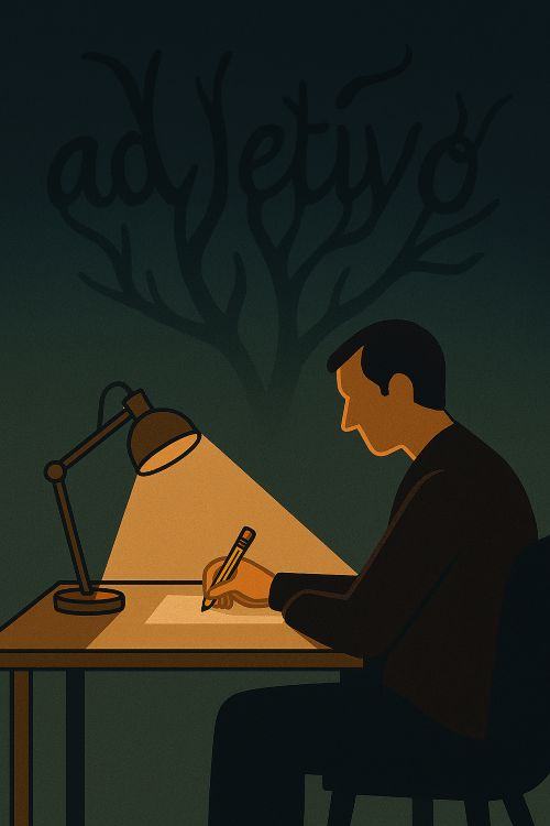 No tengo nada contra usted. Escritor solitario en su escritorio, iluminado por una lámpara cálida, mientras una sombra abstracta con forma de 'adjetivo' se proyecta sobre la pared.