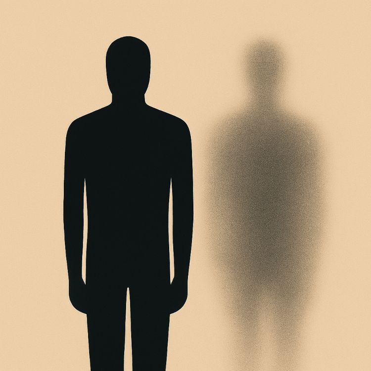 -oide. Figura humana compuesta por fragmentos de espejo, distorsionada, frente a una silueta difusa en un fondo abstracto.