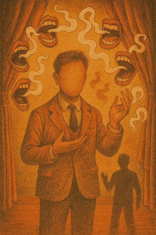 Pataratas y patarateros. Ilustración cálida de un hombre sin rostro gesticulando en un escenario, rodeado por bocas flotantes que emiten humo, bajo cortinas teatrales