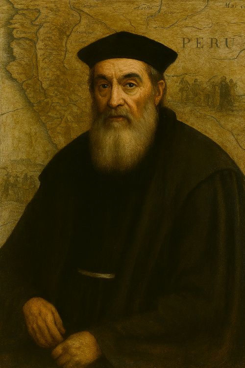 Retrato de Pedro de la Gasca, vestido con hábito eclesiástico oscuro, sobre un antiguo mapa del Perú. El fondo muestra escenas de conciliación entre soldados y encomenderos, en un paisaje andino sereno