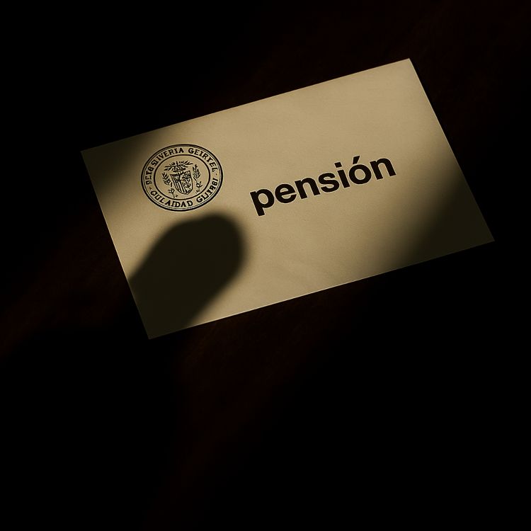 Pisonero Pisonero. Sobre oficial con la palabra 'pensión', parcialmente cubierto por la sombra de una figura humana sobre una mesa oscura