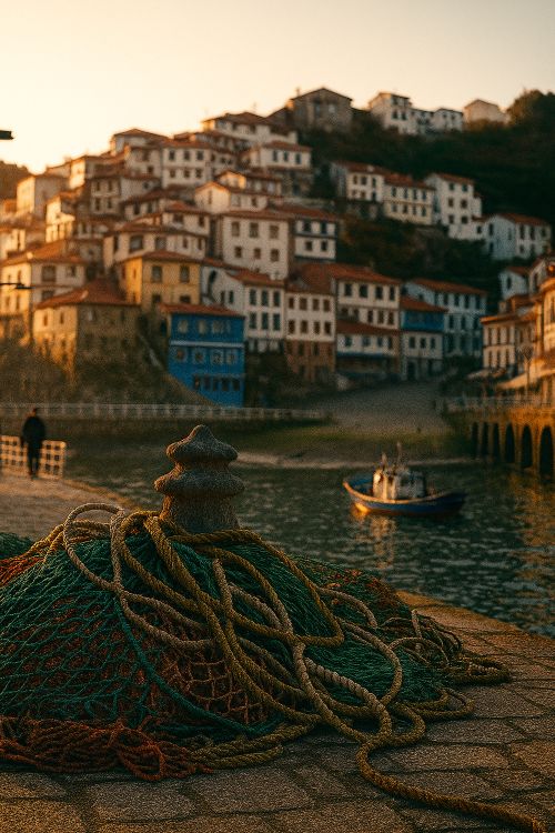 Pixueto. Puerto de Cudillero al amanecer, con redes de pesca en primer plano, casas escalonadas en la ladera y una atmósfera de bruma marina