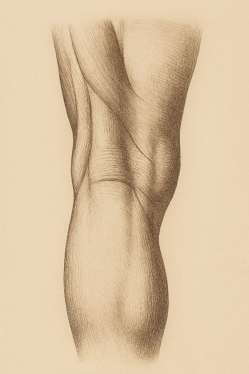 Ilustración anatómica en sepia del pliegue poplíteo, vista posterior de la rodilla humana, con detalle muscular y sombreado clásico