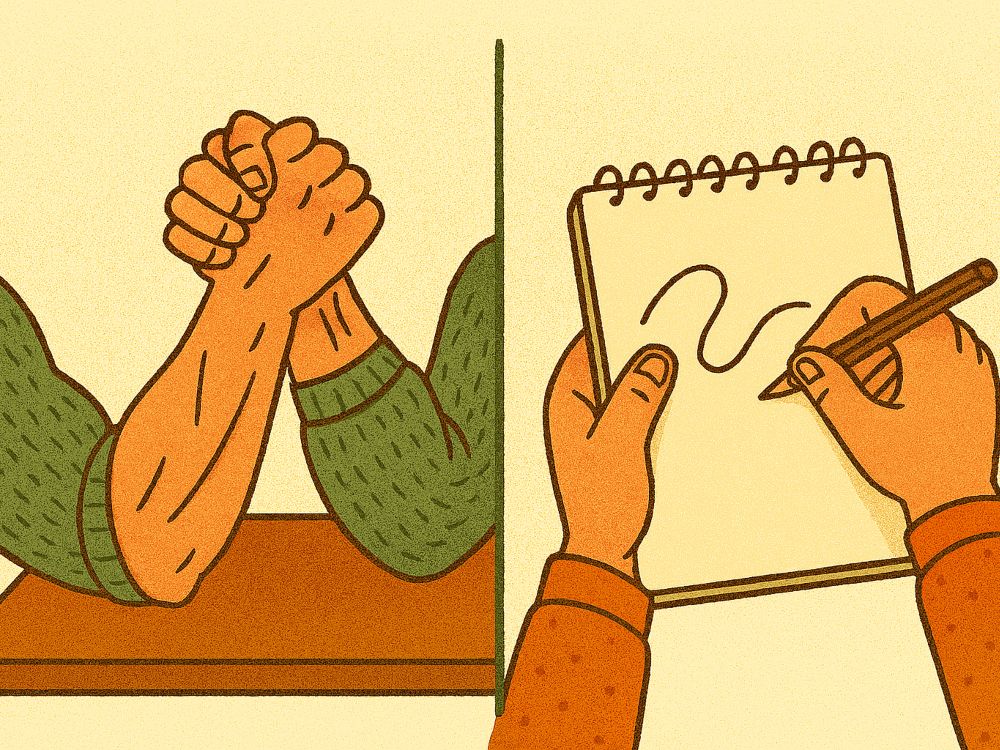 Pulsos y pulseadas. Ilustración dividida en dos escenas: a la izquierda, dos brazos enfrentados en una pulseada; a la derecha, una mano dibuja con precisión sobre un bloc de notas