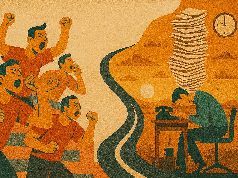 Putear. Ilustración editorial que muestra, a la izquierda, una grada con figuras humanas gritando, y a la derecha, una oficina con una persona agobiada por papeles. Ambas escenas están conectadas por un camino sinuoso