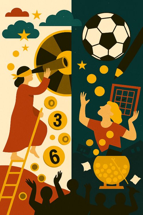 Quiniela. Imagen que contrapone visualmente dos mundos: el azar supersticioso argentino y la lógica deportiva española, mediante figuras simbólicas, objetos flotantes y composición surrealista