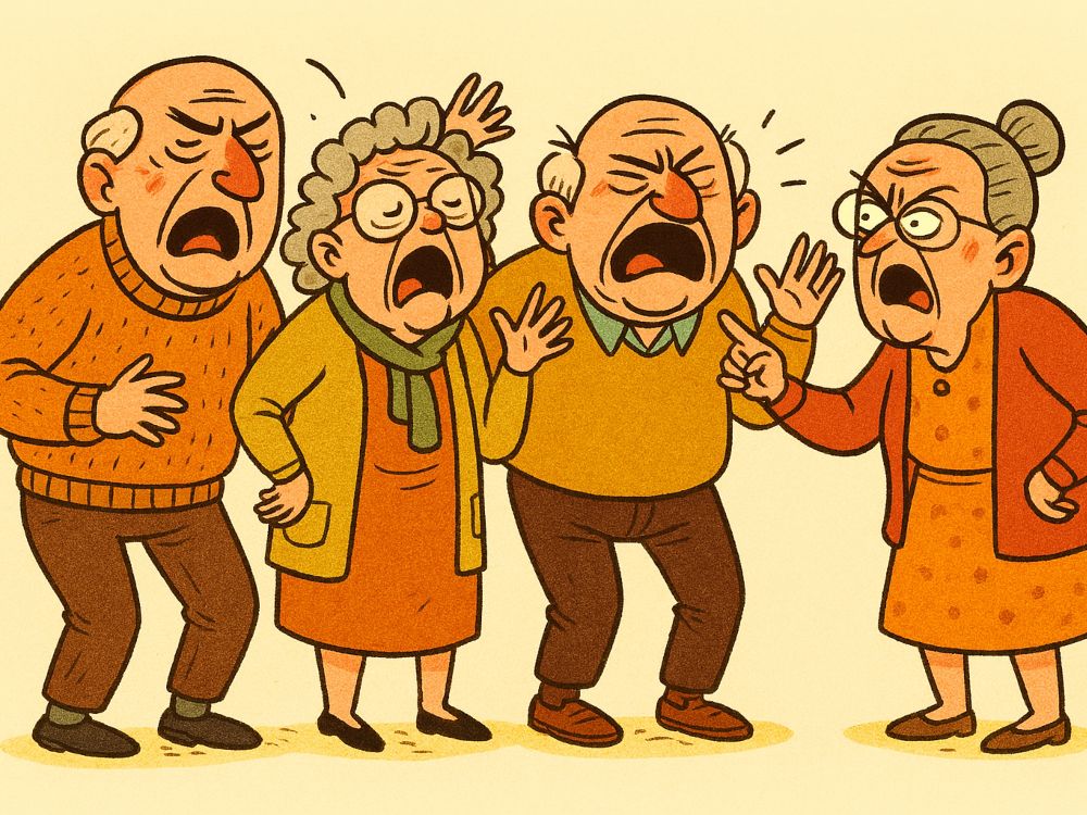 Romancero Romancero. Cuatro ancianos con gestos exagerados protestan en grupo, vestidos con colores cálidos y expresiones teatrales, en una escena humorística y editorial