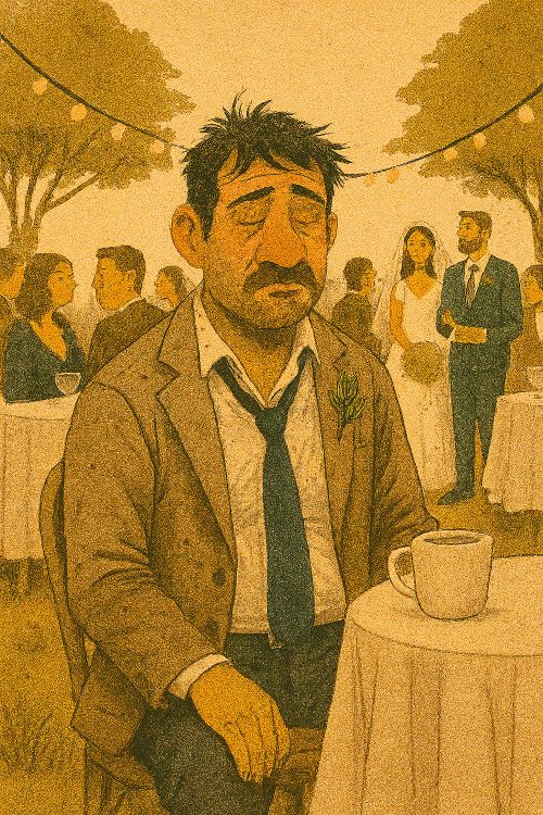 Sabanazas. Ilustración editorial que muestra a un hombre desaliñado en una boda al aire libre. Viste con descuido pese a llevar traje, y contrasta con los demás invitados, que lucen arreglados y atentos