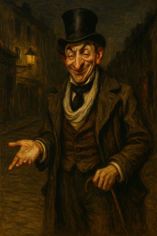 Sablista. Hombre vestido con elegancia exagerada, sonriente y con la mano extendida, en una calle antigua iluminada por faroles