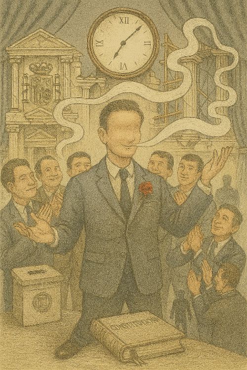 Sanchismo. Ilustración de un líder sin rostro rodeado de aduladores que aplauden, mientras pisan un libro constitucional. El escenario incluye instituciones deterioradas, un reloj sin manecillas y una rosa roja marchita en la solapa del líder