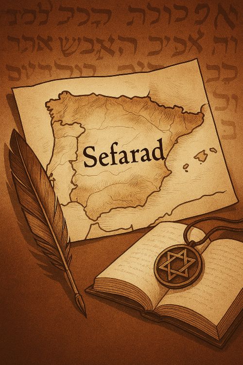 Sefardí. Ilustración simbólica con mapa de Sefarad, libro abierto, medallón con estrella de David y escritura hebrea