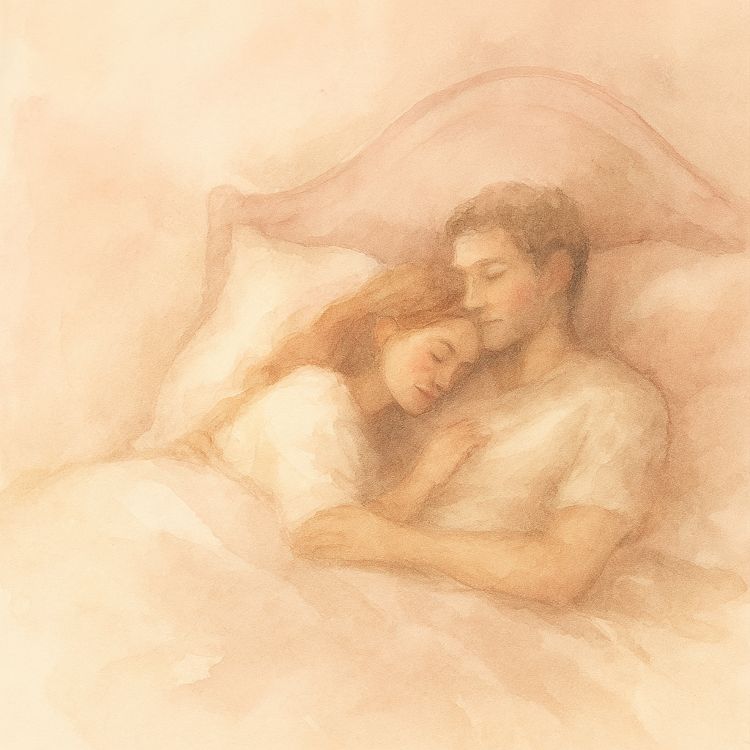 Sueño desigual. Pareja dormida abrazada en cama, pintada en acuarela con tonos suaves y cálidos