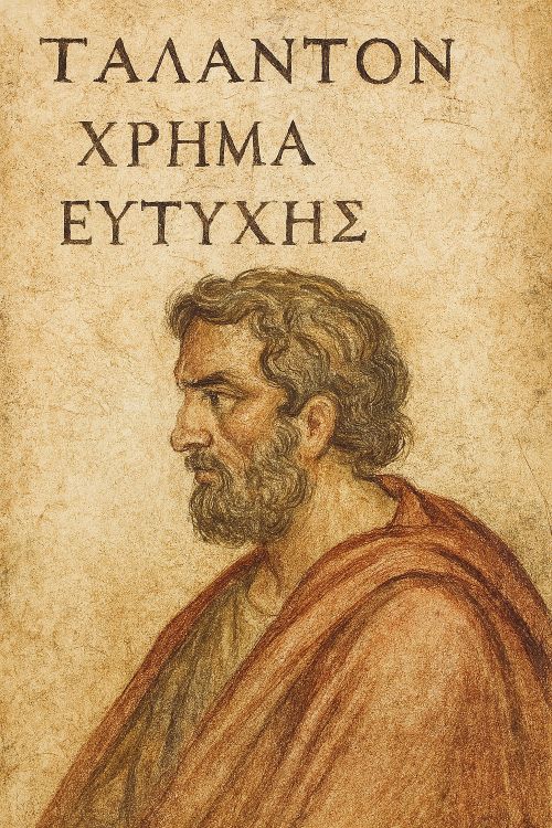 Talento y sabiduría Talento, dinero y sabiduría. Fresco ficticio de un pensador griego de perfil, con inscripción en griego antiguo sobre fondo texturizado