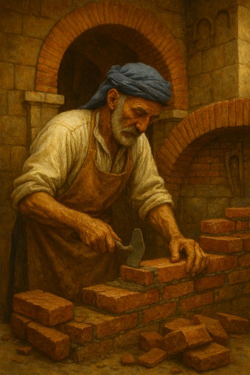 Albañil Un albañil anciano coloca ladrillos con tiento y dignidad en un muro de estilo andalusí, bajo una luz cálida que realza la textura de la piedra y el gesto concentrado de sus manos