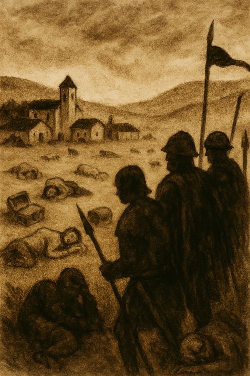 Aldea Pereza 'Aldea Pereza'. Ilustración satírica de una aldea donde aldeanos y mercenarios yacen dormidos entre cofres abandonados, bajo un cielo opaco y una torre solitaria. La escena evoca la derrota por inacción y el contagio del sopor como forma de resistencia