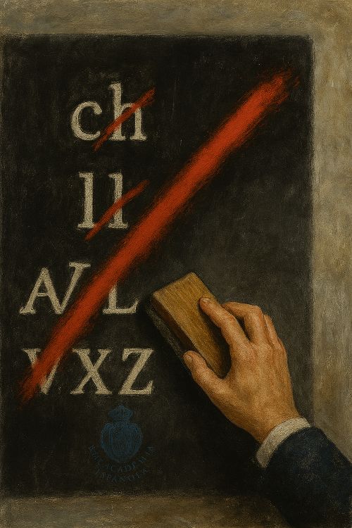 Alfabeto español Alfabeto español. Pizarra escolar con las letras “ch” y “ll” escritas en tiza blanca y tachadas con una línea roja diagonal. Una mano sostiene un borrador de madera, como si acabara de trazar la línea.