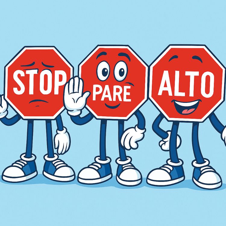 Alto, pare o stop Tres señales de tráfico octogonales con las palabras ALTO, PARE y STOP, cada una con expresión caricaturesca, representando su uso en distintos países