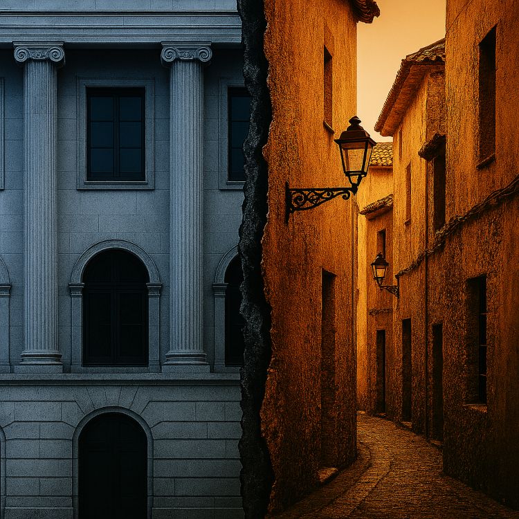 Arrabal o rabal Arrabal o rabal. Imagen que representa la tensión entre una ciudad amurallada iluminada con luz fría (símbolo del arrabal normativo) y un barrio popular con arquitectura irregular y luz cálida (símbolo del rabal vivo), separados por una grieta central que sugiere frontera lingüística y cultural