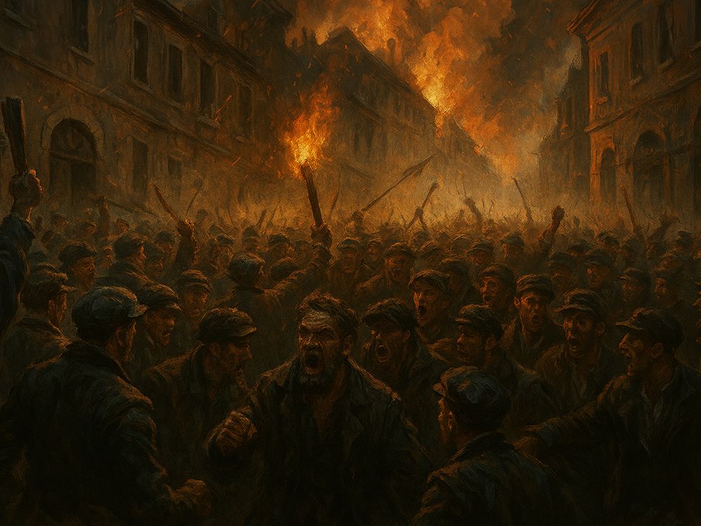 Multitud enardecida en una calle europea, bajo el resplandor de un edificio en llamas, evocando el caos de una asonada histórica