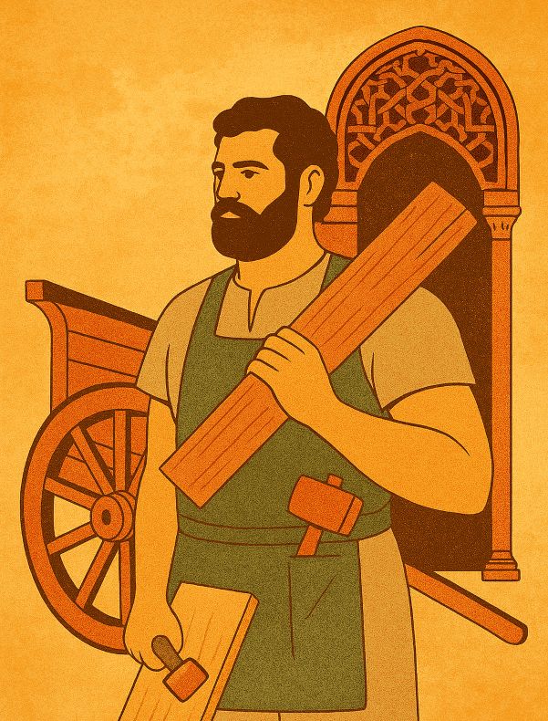 Carpintero Ilustración editorial de un carpintero junto a un carro romano y un arco de madera, en tonos cálidos y estilizados